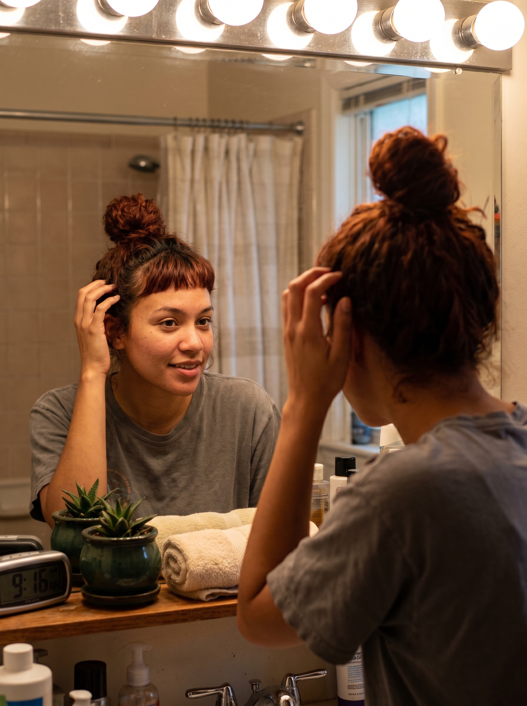An edgy Micro-Fringe Top Knot, a bold summer hair updo with slicked edges perfect for concerts and parties. Styled with black elastic and edge control gel.