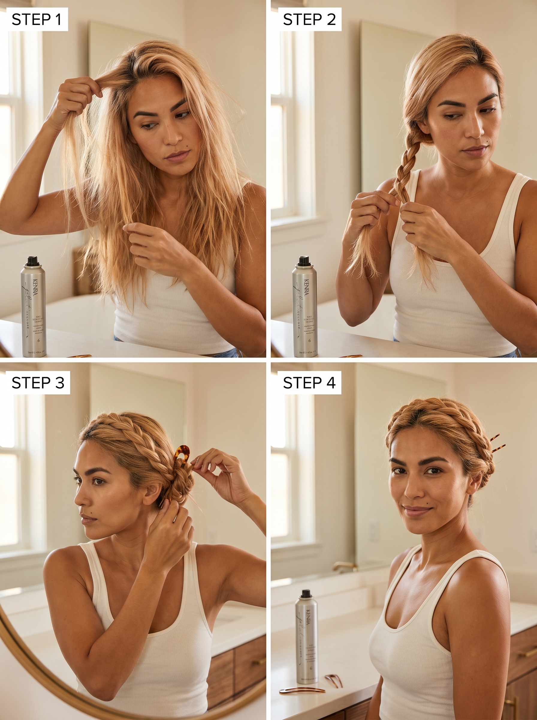 A sophisticated Twisted Rope Crown Bun, a natural summer hair updo secured with clear elastics, perfect for everyday or outdoor weddings. Styled with dry texture spray.