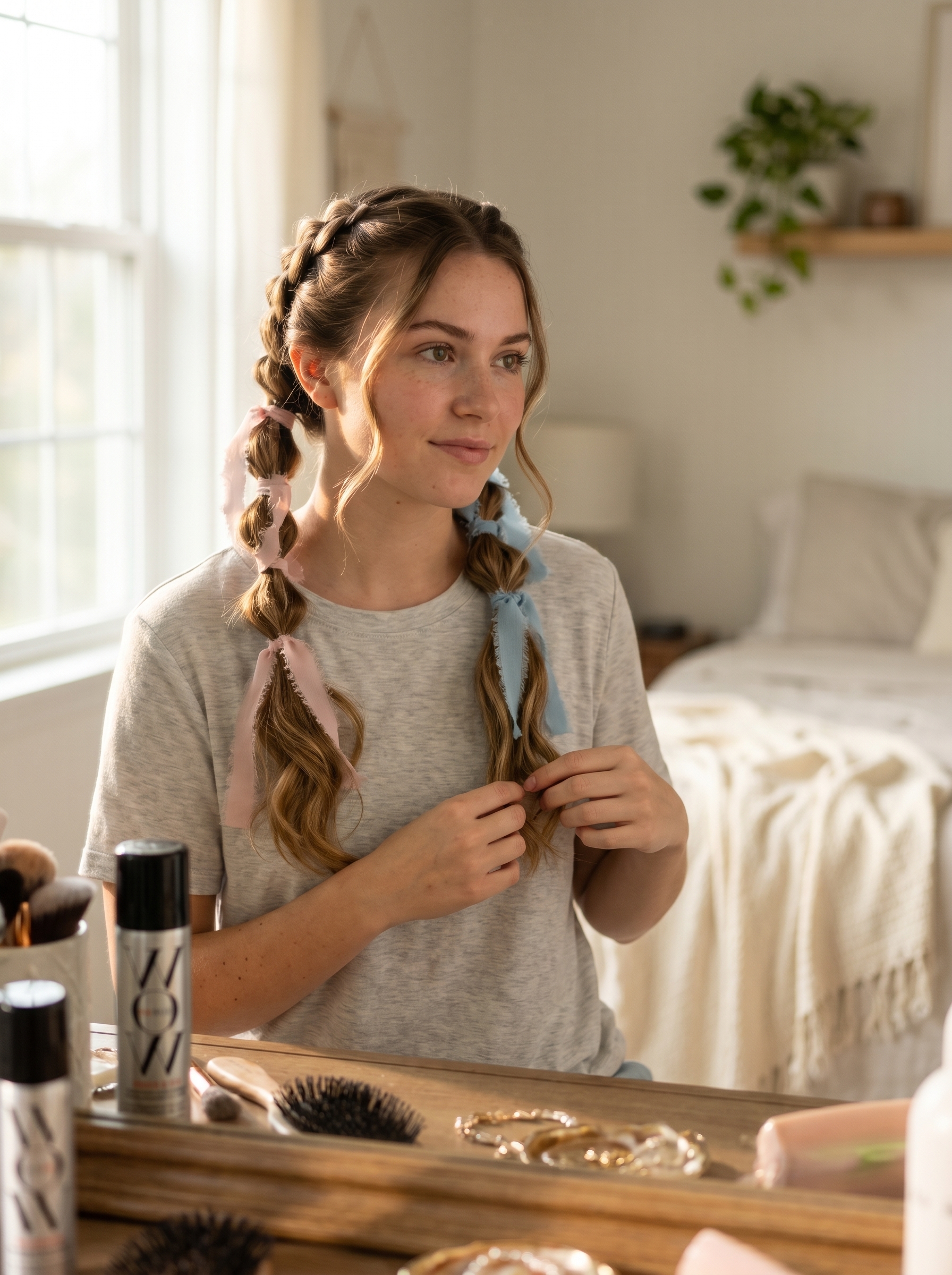 Youthful bubble braids adorned with pastel silk ribbons, a playful bohemian choice for summer hairstyles hot weather, ideal for beach days.