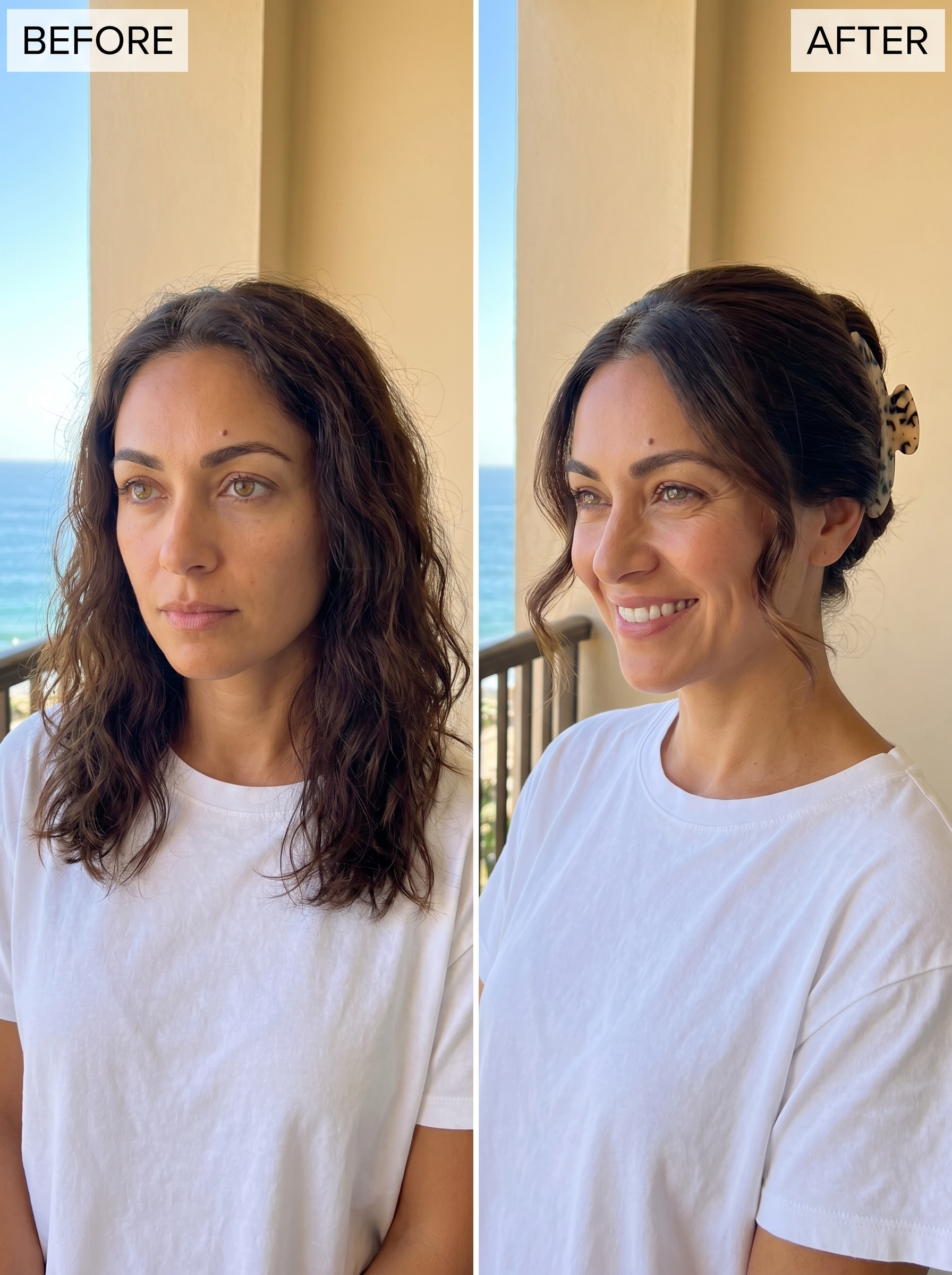An effortless and chic claw clip French twist with soft tendrils, a romantic choice for summer hairstyles hot weather, suitable for date nights.