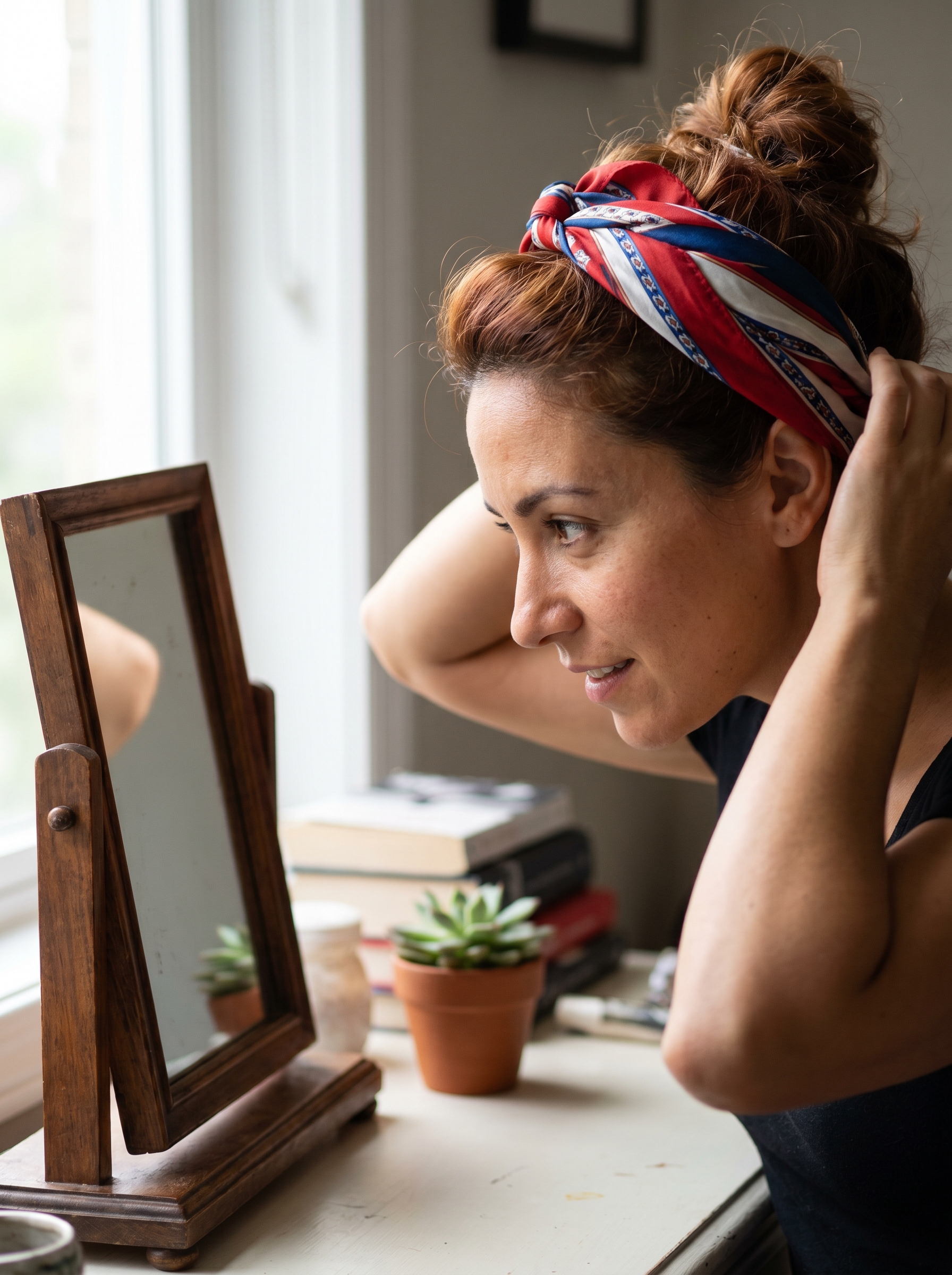 A charming retro Americana headscarf updo, protecting hair while offering a stylish option for summer hairstyles hot weather, suitable for festivals.