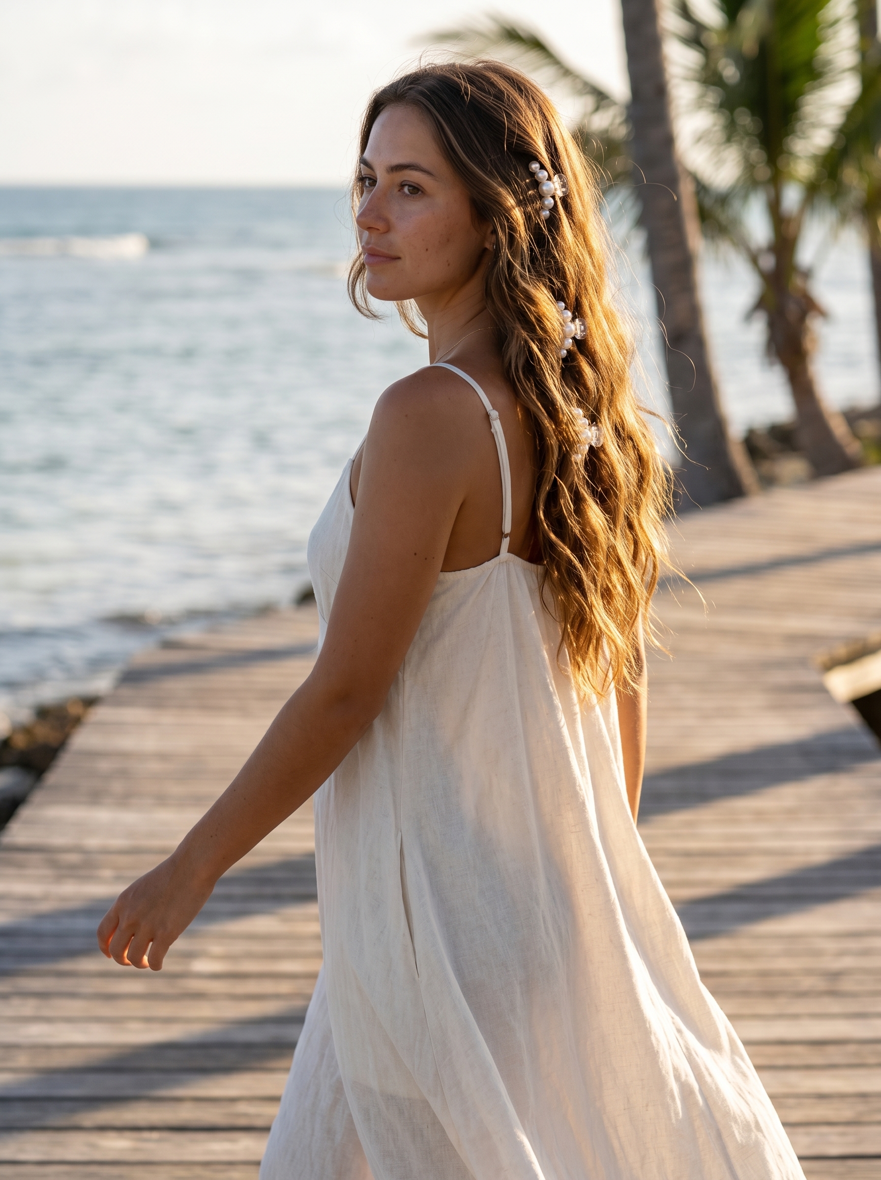 Mermaidcore beach waves with pearl hair clips, an ethereal summer hairstyle for hot weather, great for beach or resort with natural hair color.