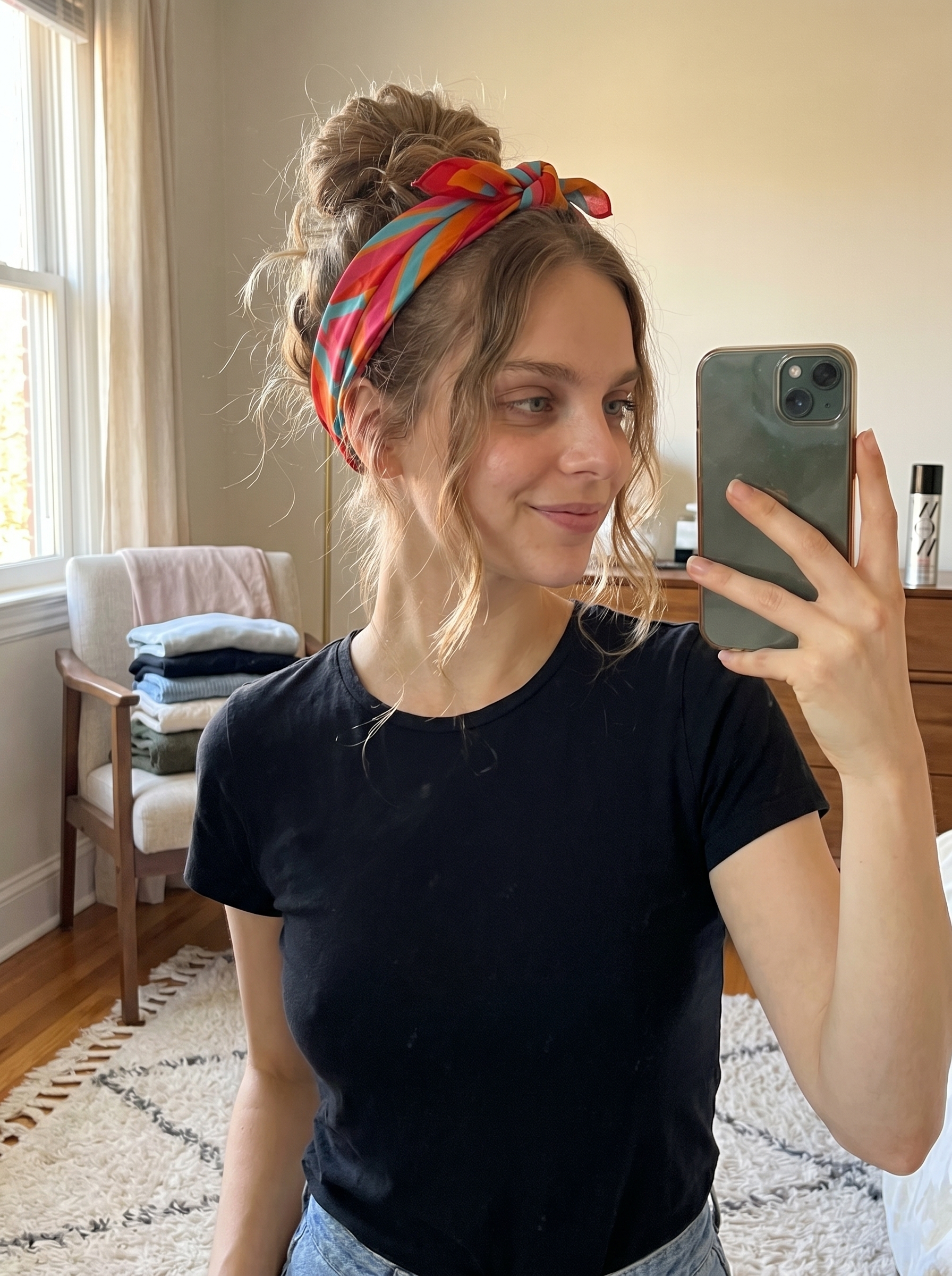 Retro Americana headscarf updo with a vibrant print, a playful summer hairstyle for hot weather perfect for beach outings and resort lounging.