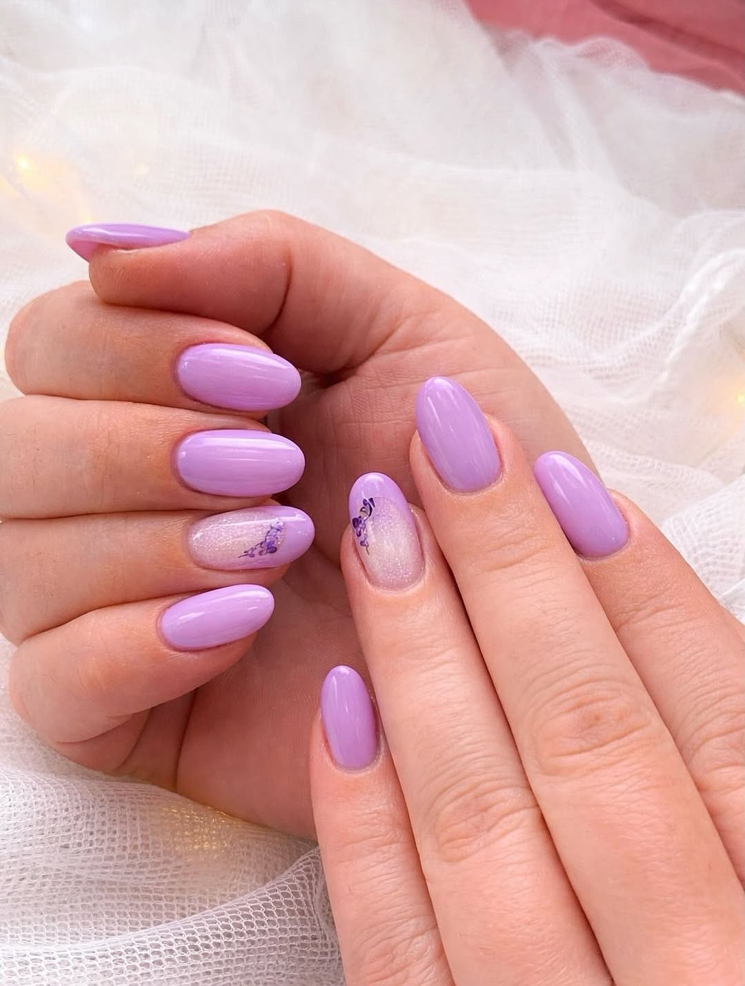Summer Lavender Shimmer Oval Nails with Floral Art