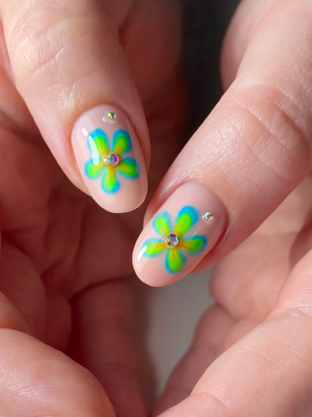 Summer Neon Flower Jelly Nails with Rhinestone Accents