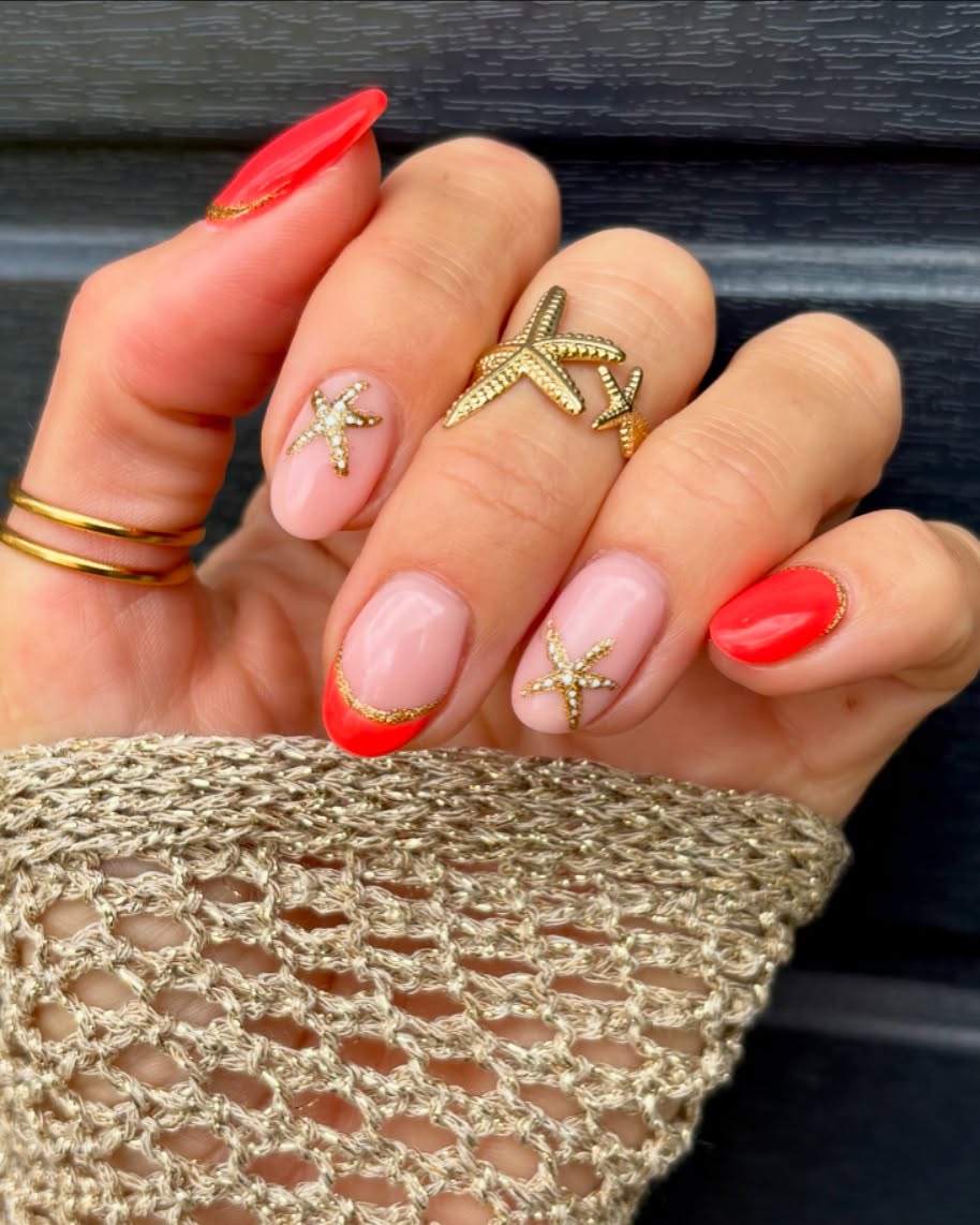 Summer Peach and Nude Nails with Gold Starfish Accents