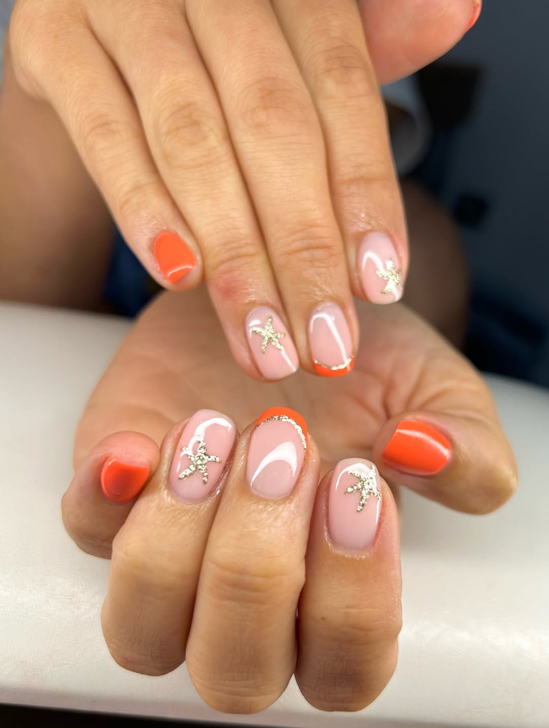 Summer Peach French Tips with Sparkle Starfish