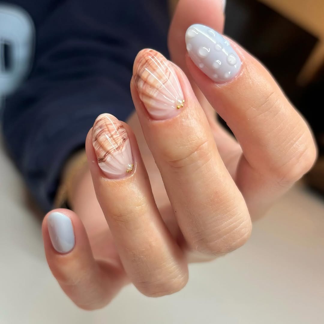 Summer Sea Shell And Rain Drop Nails