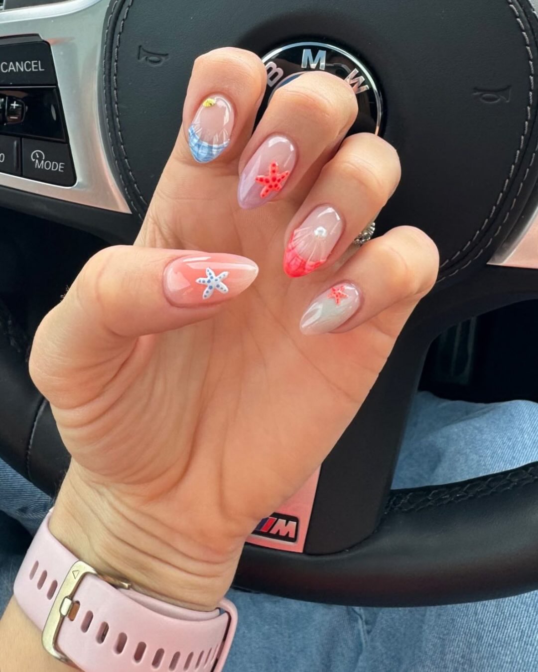 Summer Sea Shimmer Almond Nails with 3D Charms