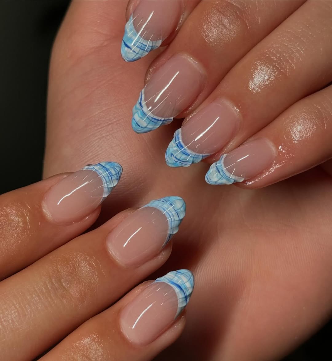 Summer Sky Blue Plaid French Almond Nails