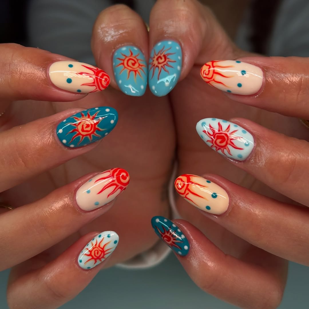 Summer Sun Orange Blue Polka Dot Oval Nails