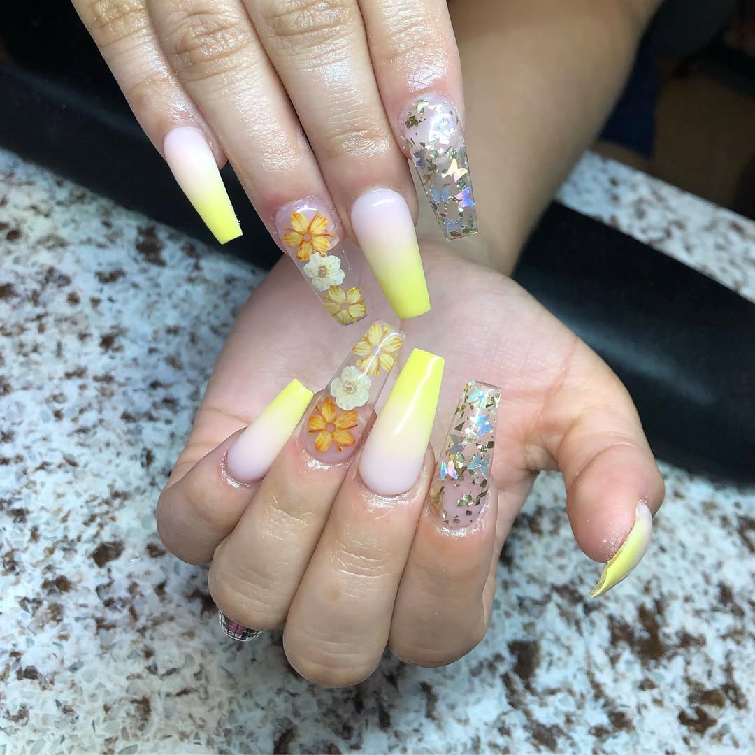 Summer Yellow Ombre Coffin Nails with Encapsulated Flowers