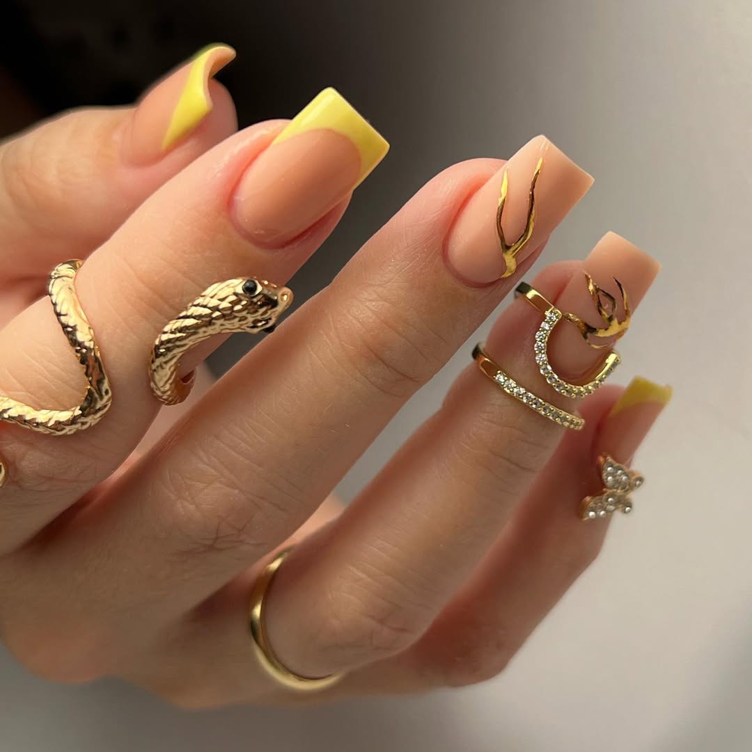 Sunny Yellow French Tips with Golden Flame Accents