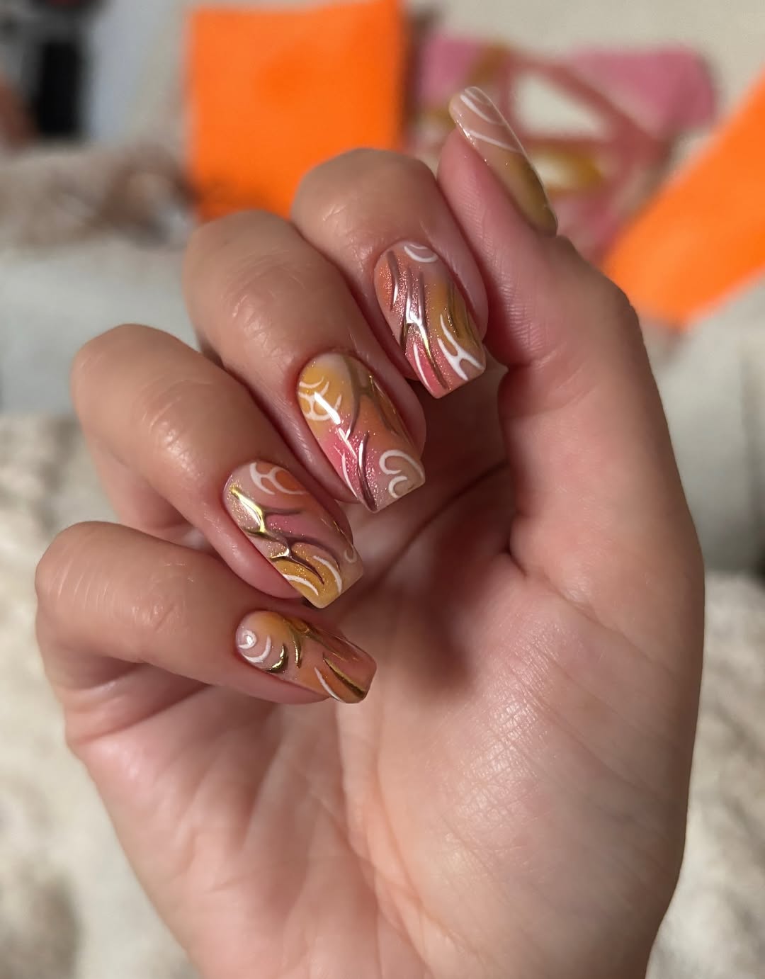 Sunset Aura Swirl Rectangle Nails with Gold Accents
