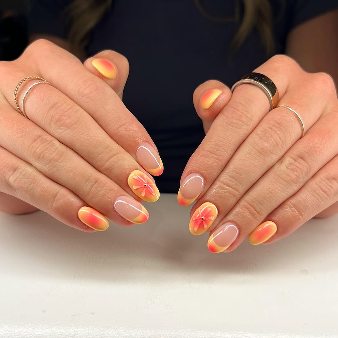 Sunset Coral Ombre French with 3D Flower Accent