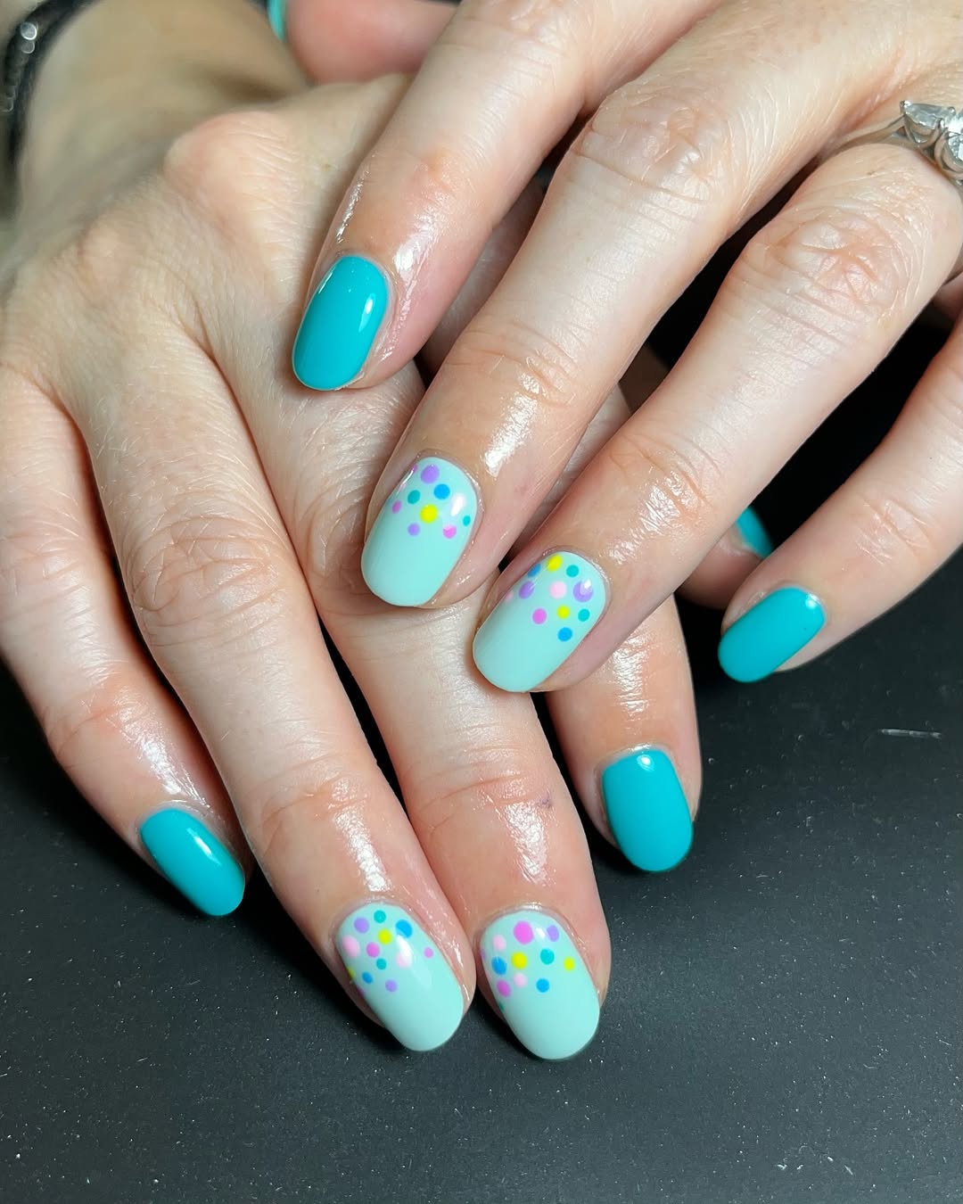 Teal and Pastel Polka Dot Oval Nails