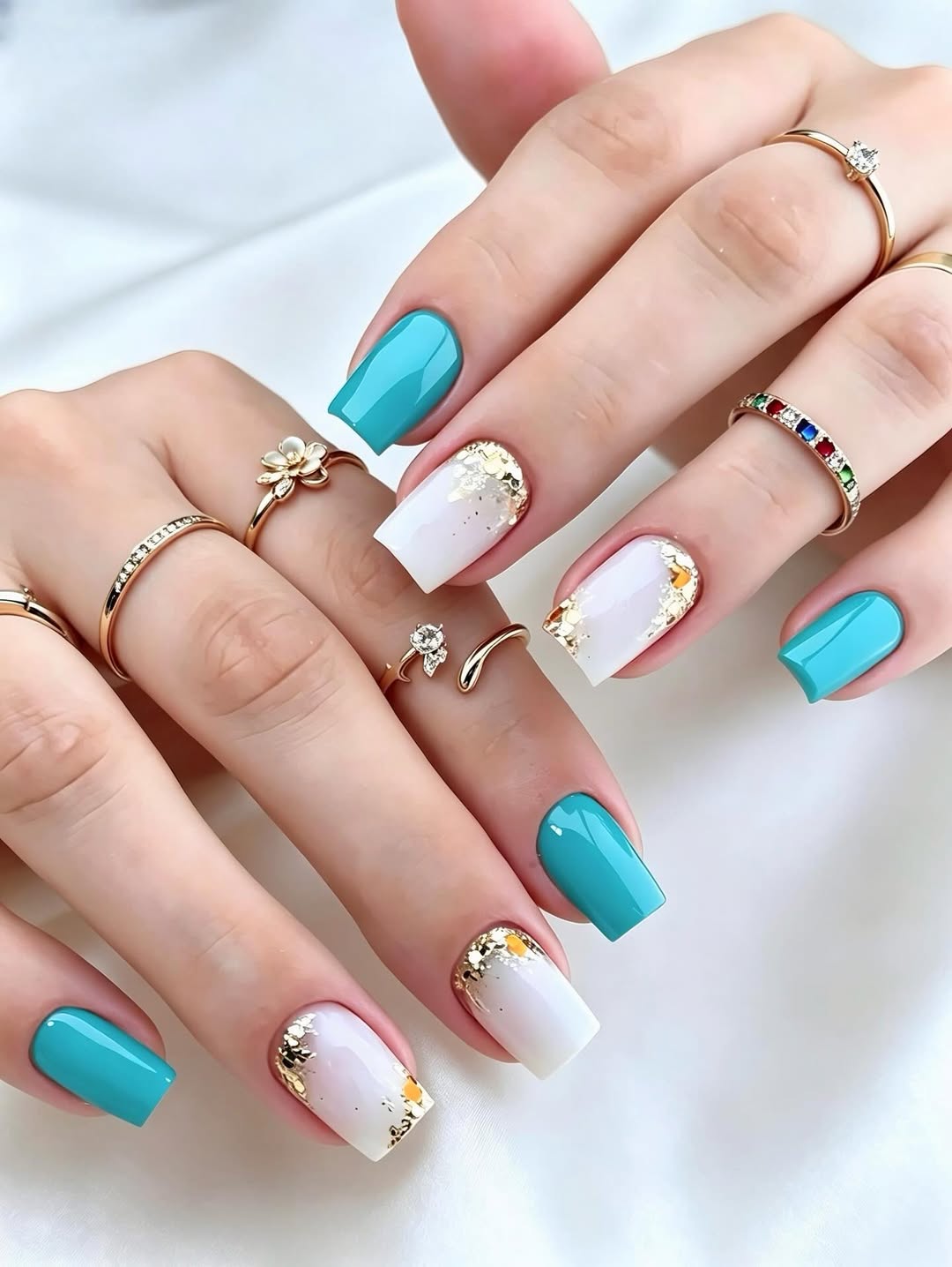 Teal and White Gold Flake Square Nails