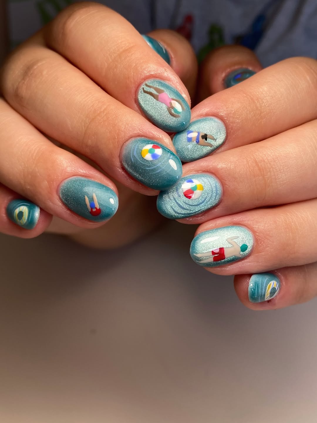 Teal Shimmer Swimmers and Beach Balls Nails