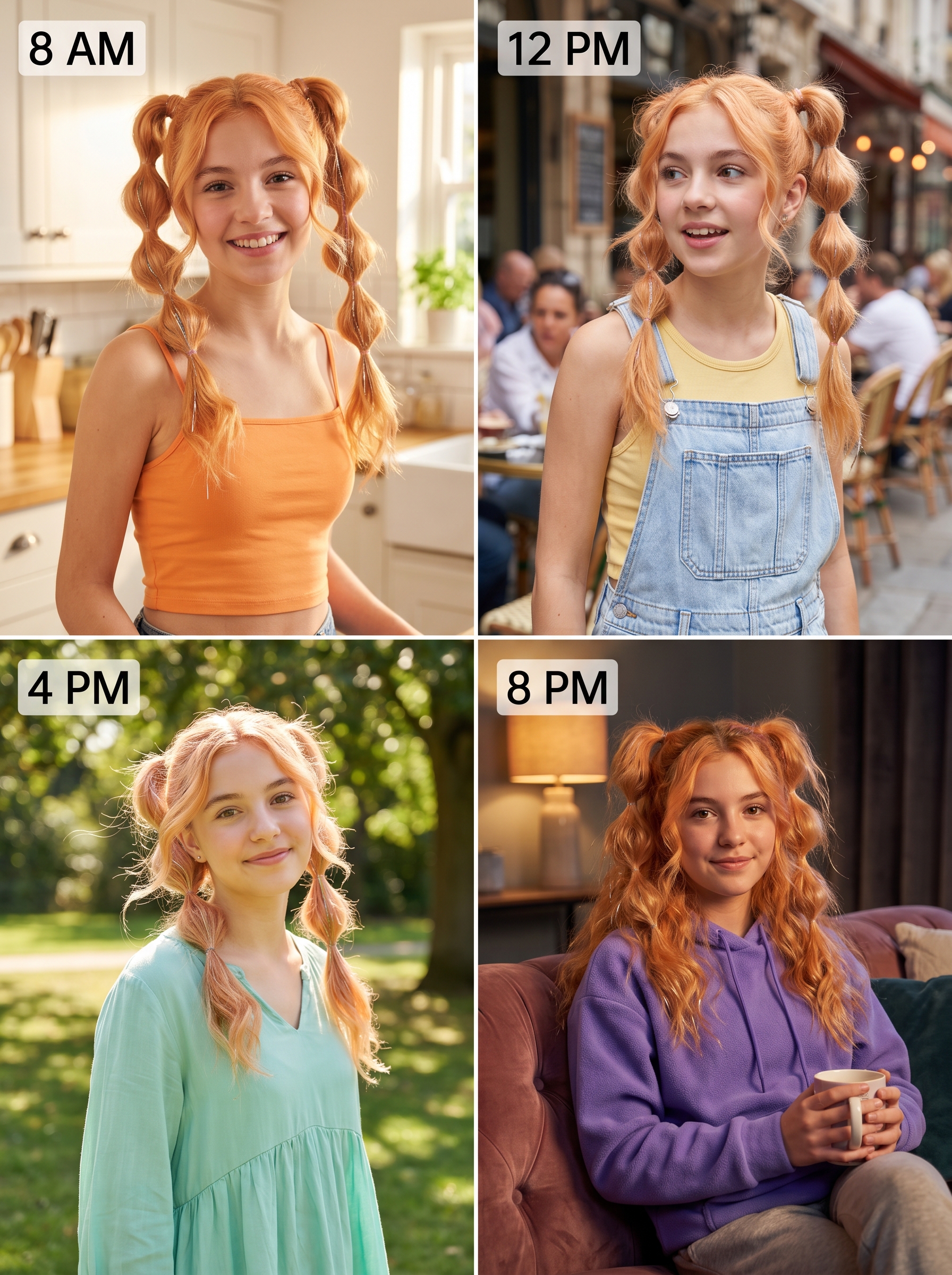 Apricot Crush Bubble Pigtails: Teen Hairstyles Summer 2026 Energetic teen sporting Apricot Crush Bubble Pigtails, a vibrant teen hairstyles summer 2026 trend with apricot orange and pink tones, iridescent tinsel, ideal for festivals and summer camps.