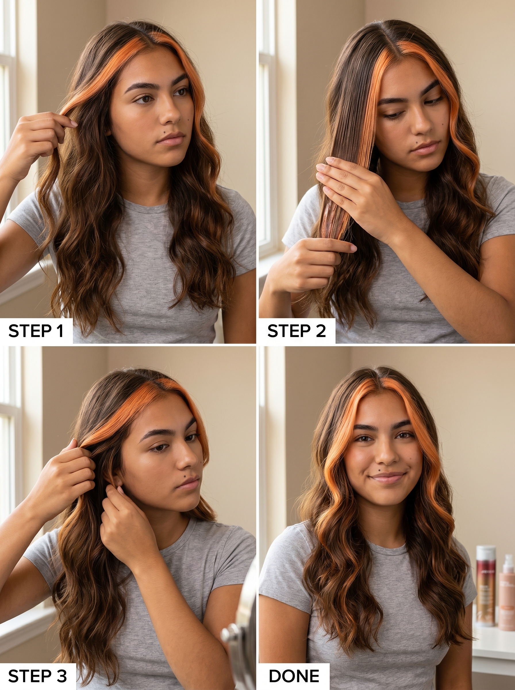 Playful Apricot Crush Money Piece | Teen Hairstyles Summer 2026 Vibrant apricot crush money piece, a playful and warm accent for teen hairstyles summer 2026. Features a bright peach/pink front section against natural hair color.