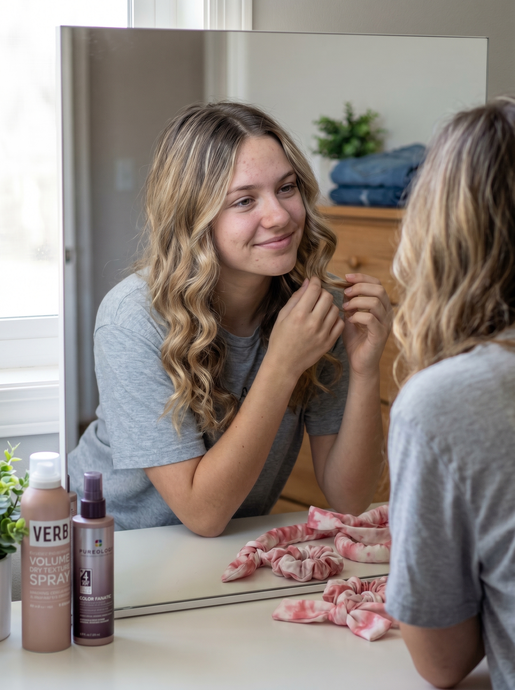 Effortless Blonde Heatless Curls for Teen Hairstyles Summer 2026 Relaxed blonde hair with heatless ribbons, a top teen hairstyles summer 2026 trend. Features sandy blonde and cool brown roots, created with a pink silk curling rod and texturizing spray.