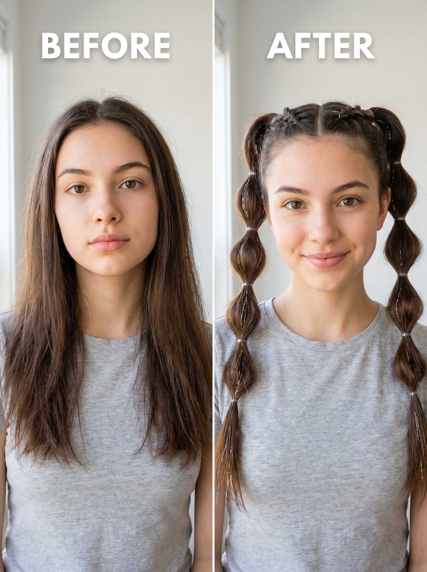 Invisible Braiding & Bubble Pigtails: Teen Hairstyles Summer 2026 Playful Invisible Braiding with Bubble Pigtails 2.0, a maximalist teen hairstyles summer 2026 style featuring natural hair, rainbow tinsel, and clear elastic ties for festivals or parties.