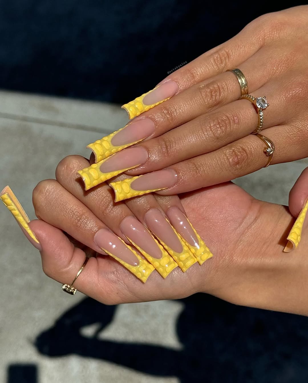 Textured Yellow French Tip Coffin Nails