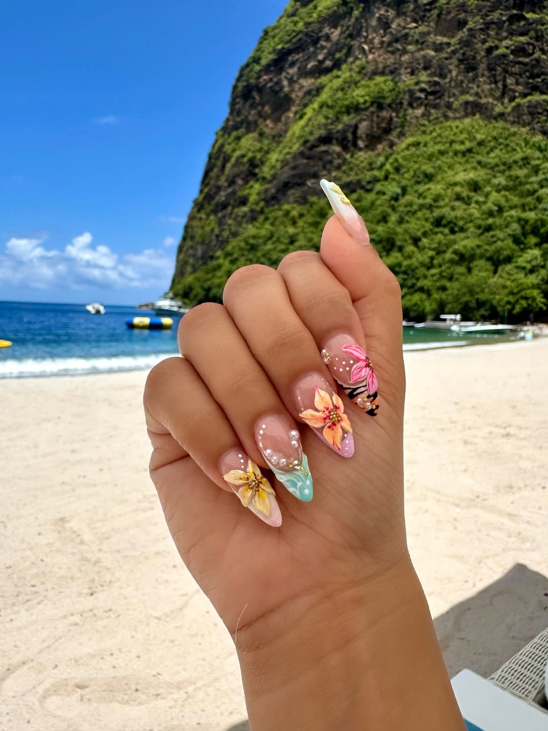 Tropical 3D Floral Pearl Stiletto Nails
