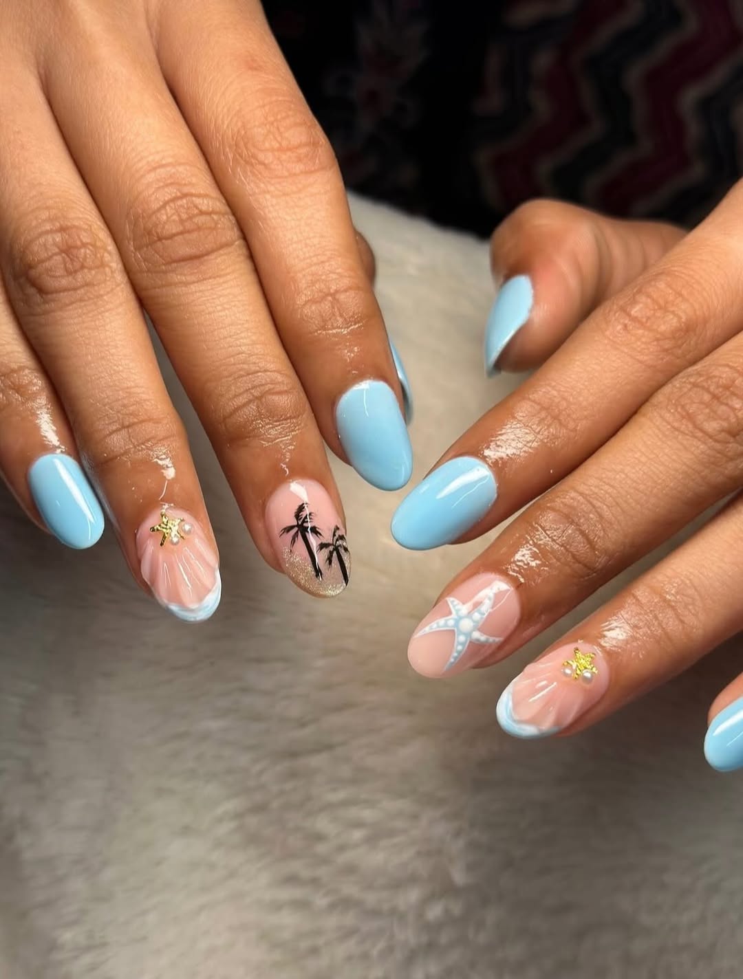 Tropical Baby Blue Nails with Beach Art Accents