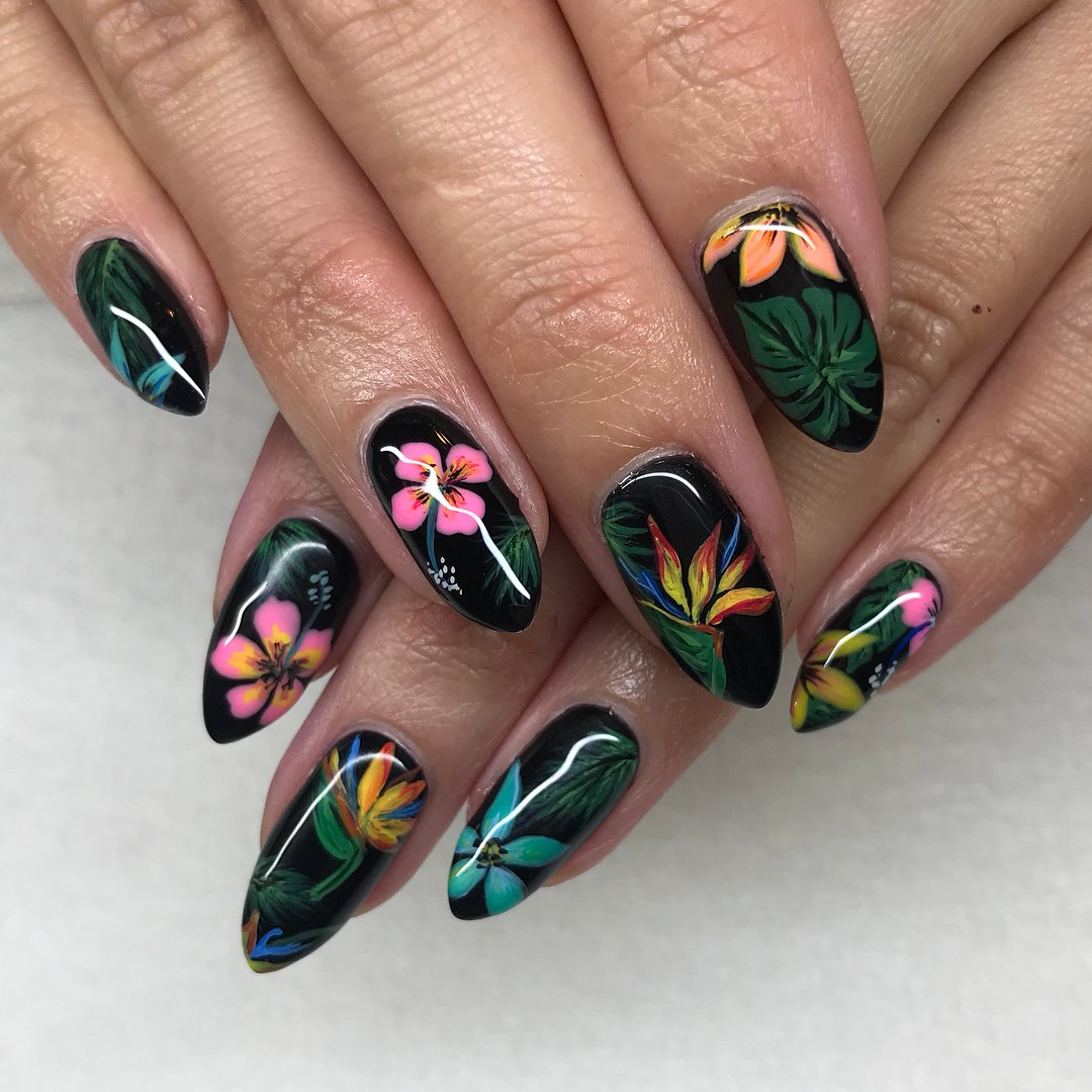 Tropical Black Floral Hand-Painted Almond Nails