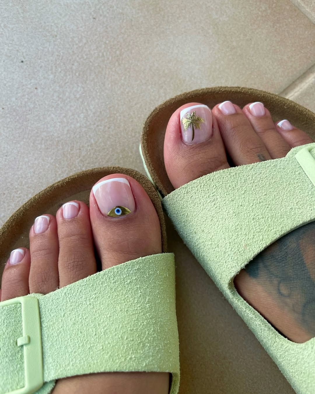 Tropical French Pedicure with Gold Accents