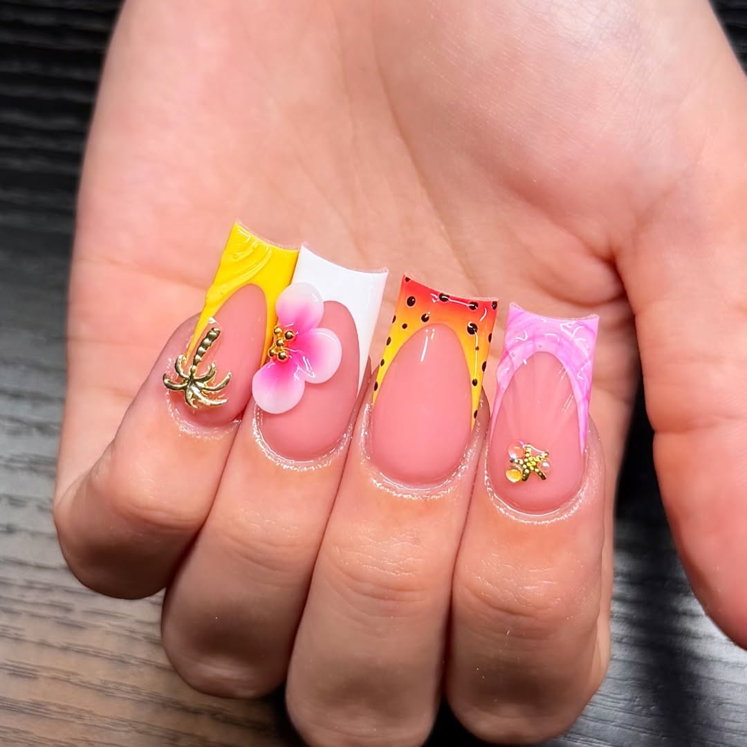 Tropical French Tip Square Nails with 3D Charms