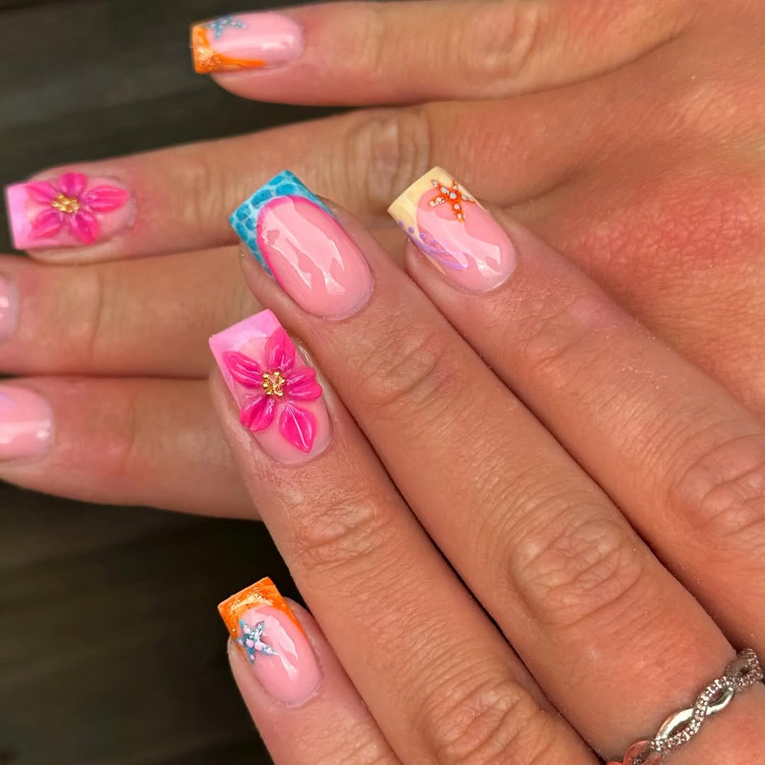 Tropical French Tips with 3D Flower and Starfish Art