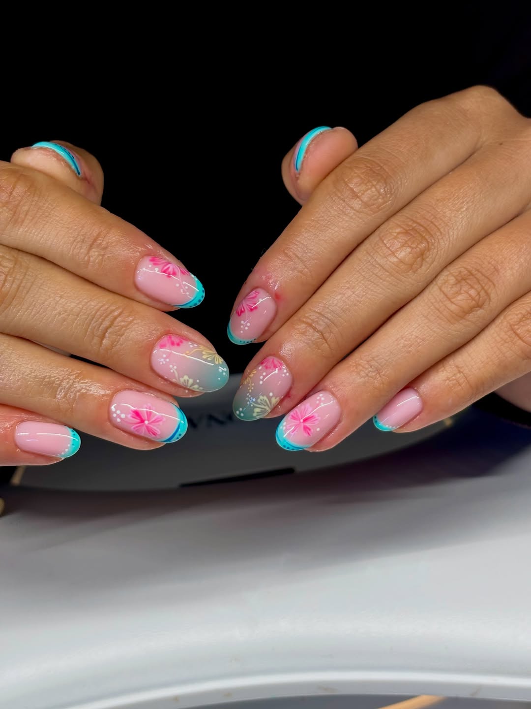 Tropical French Tips with Pink Floral Art