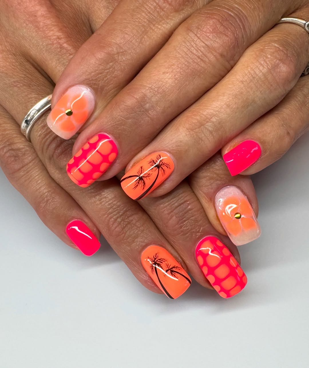 Tropical Neon Orange and Pink Vacation Nails