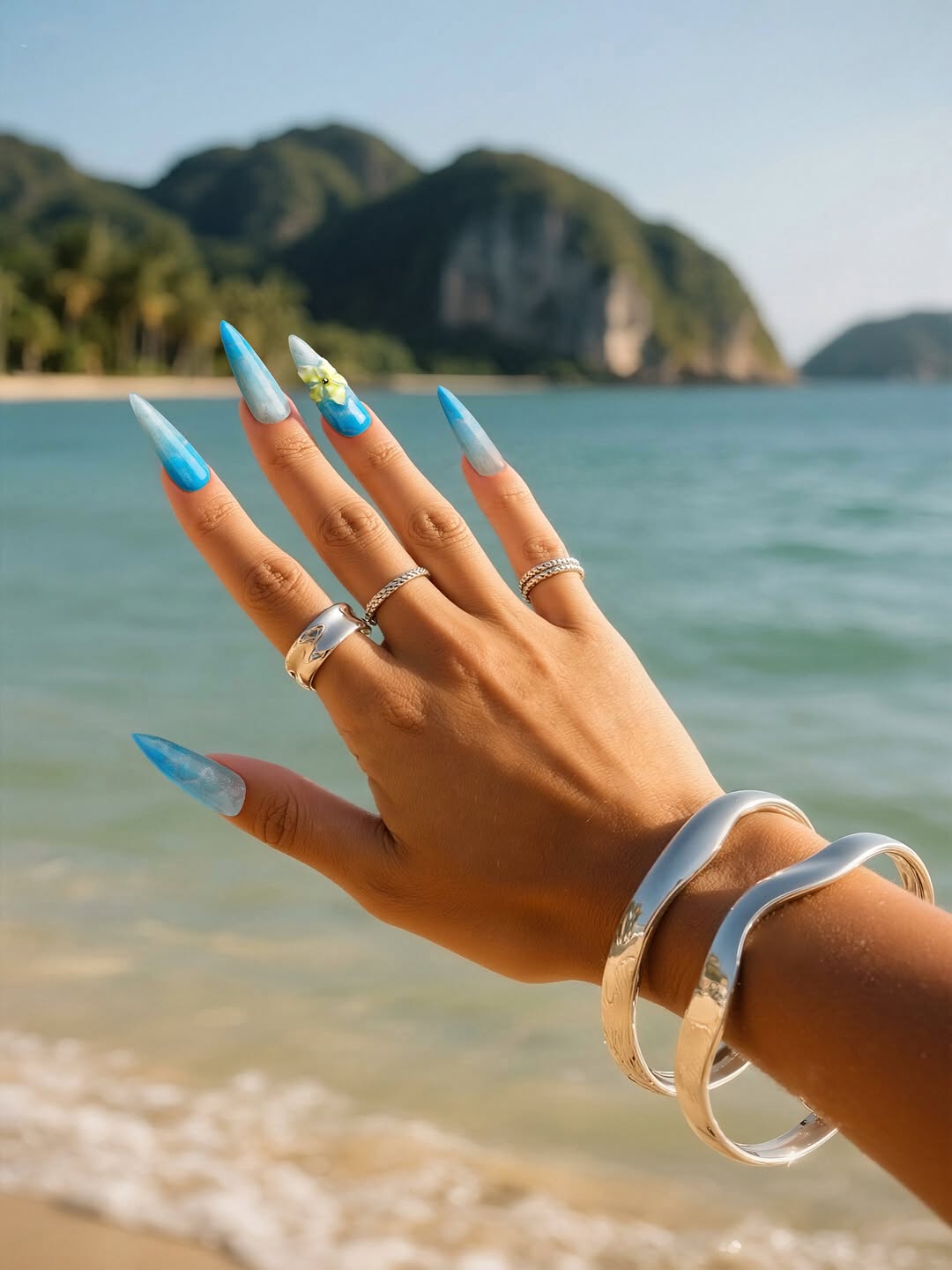 Tropical Ocean Blue Ombre Stiletto Nails with 3D Flower