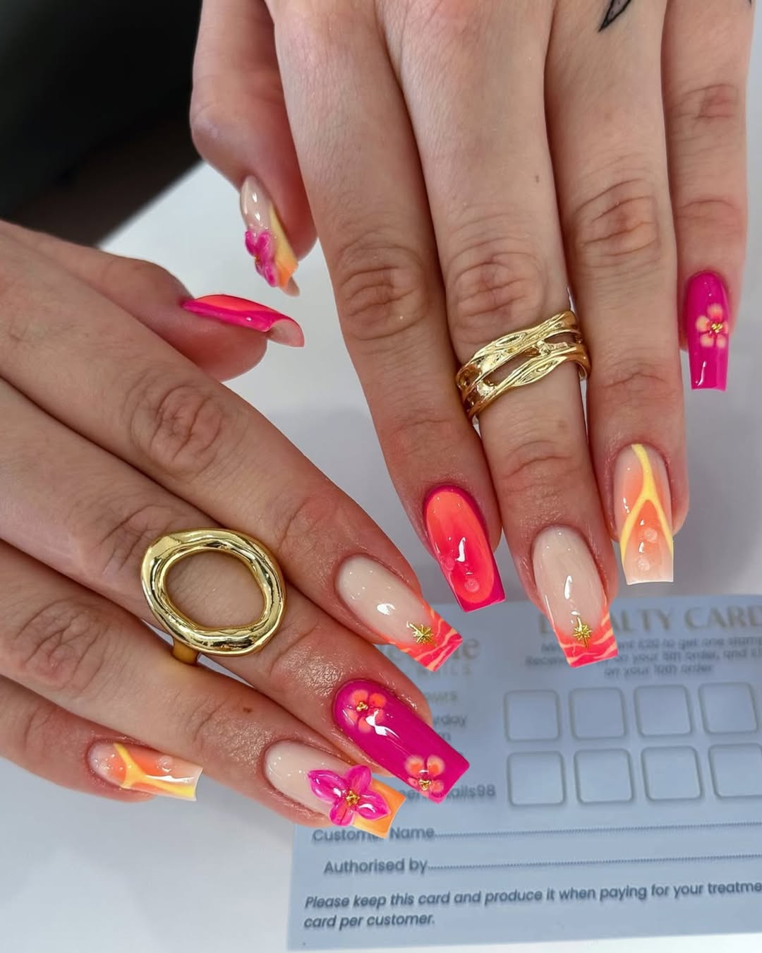 Tropical Ombre Coffin Nails With 3D Floral Accents