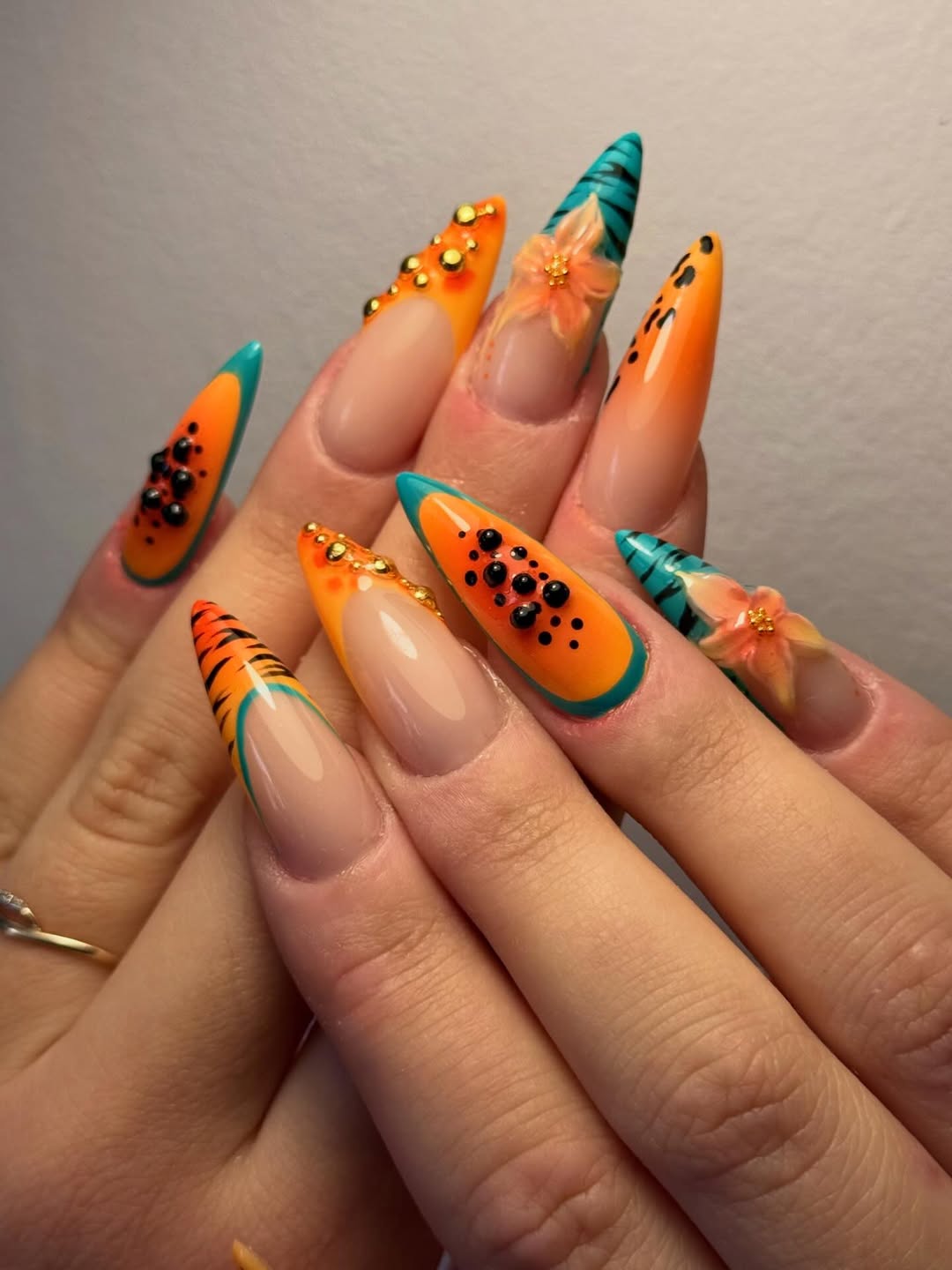 Tropical Papaya Fun Stiletto Summer Nails
