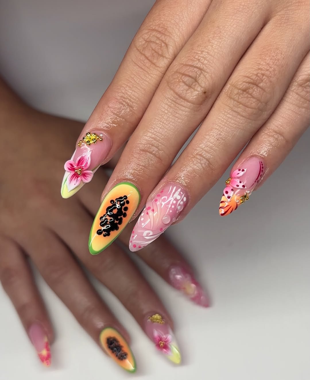 Tropical Papaya Summer Stiletto Nails with 3D Flowers