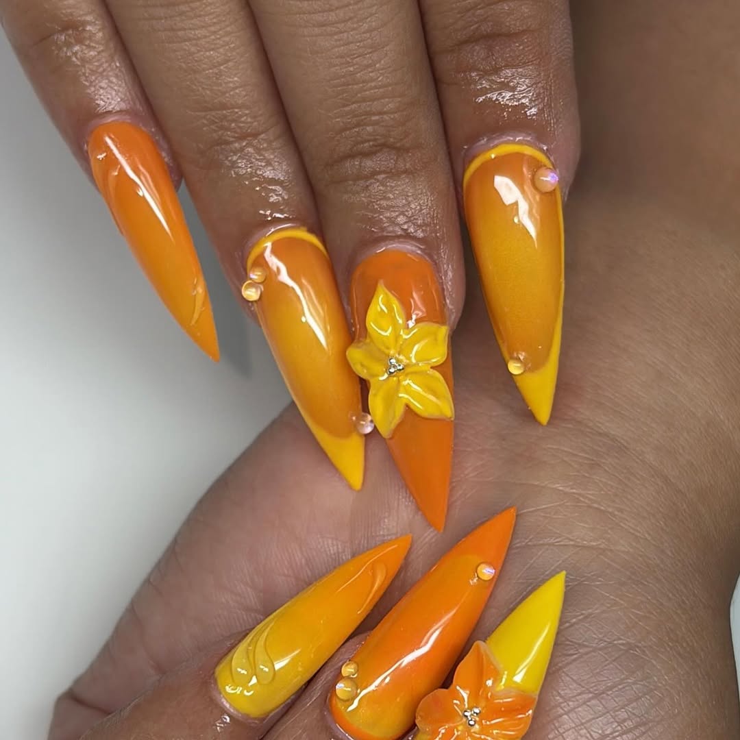 Tropical Sunset Ombré Stiletto Nails With 3D Flowers