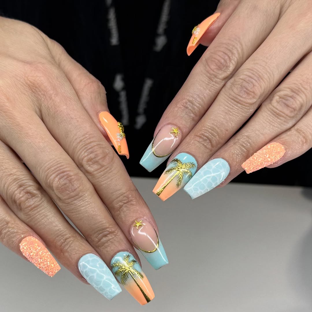 Tropical Sunset Ombre Coffin Nails with Palm Trees