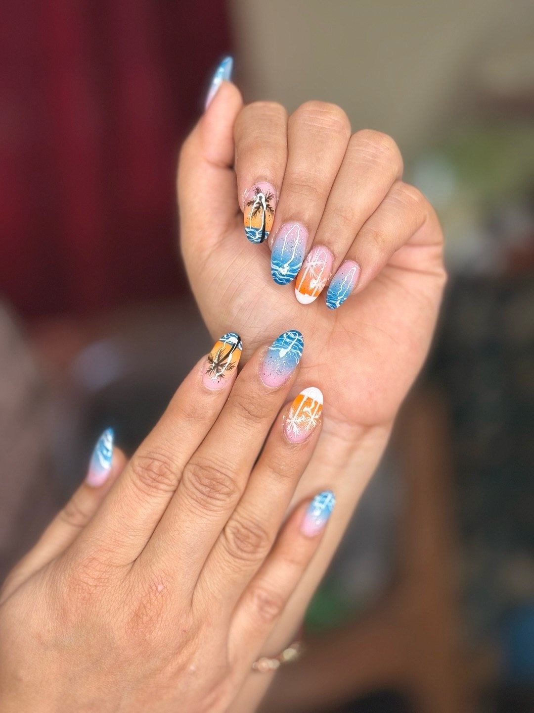 Tropical Sunset Palm Tree Ocean Almond Nails