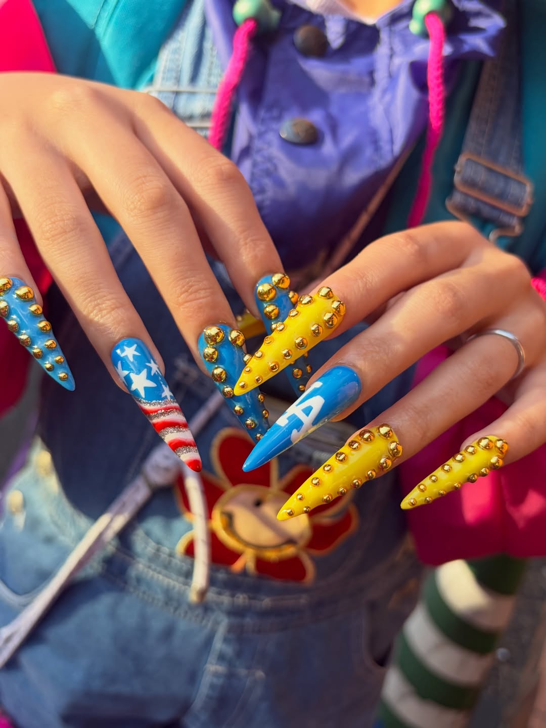 USA Patriotic Studded Stiletto Nails