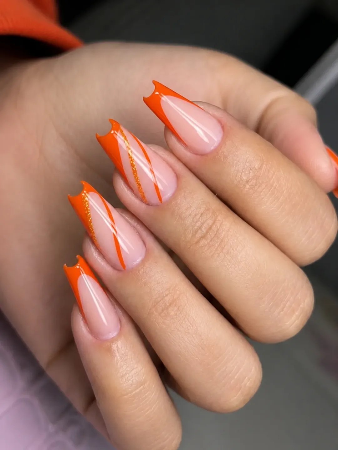 V-Cut Orange French Tip with Gold Striped Coffin Nails