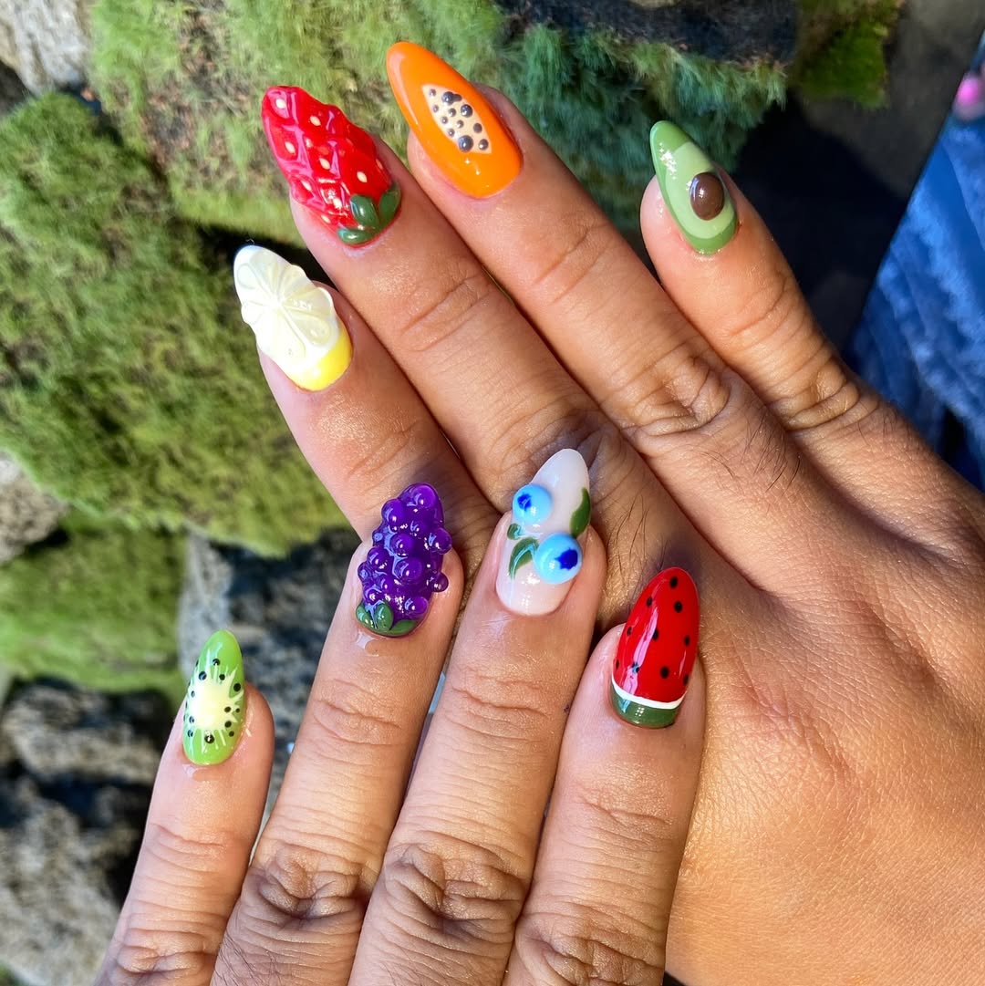 Vibrant 3D Fruit Salad Almond Nails