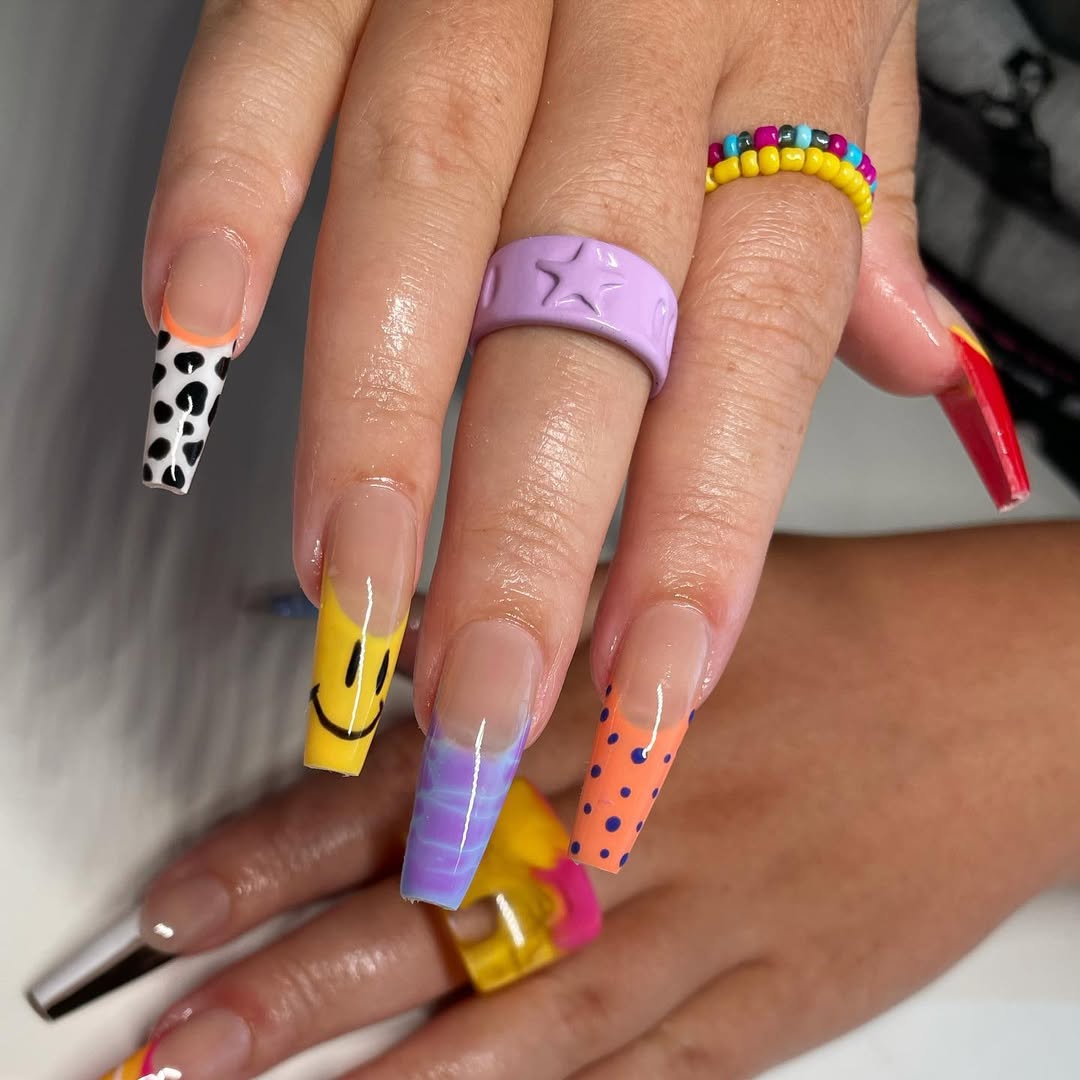 Vibrant Abstract Coffin French Tips with Mismatched Art
