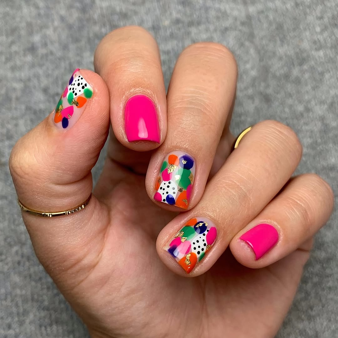 Vibrant Abstract Dots And Hot Pink Summer Nails