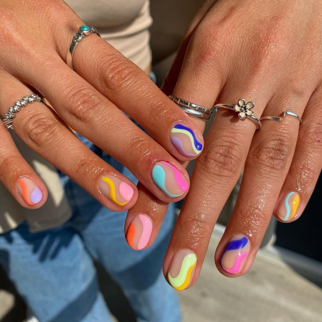 Vibrant Abstract Swirl Short Round Nails