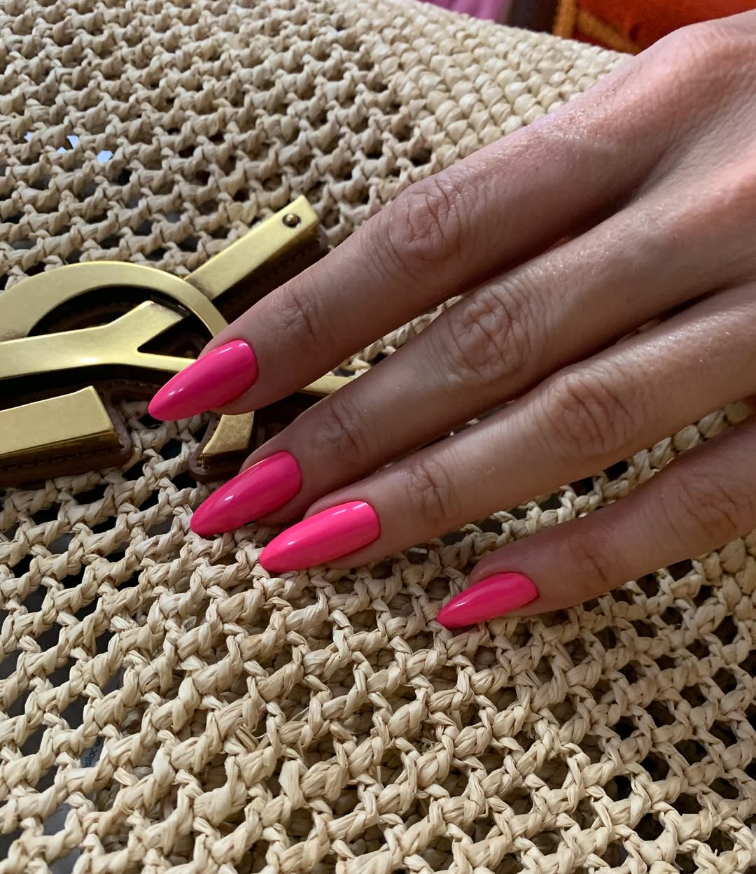 Vibrant Barbiecore Pink Glossy Almond Nails