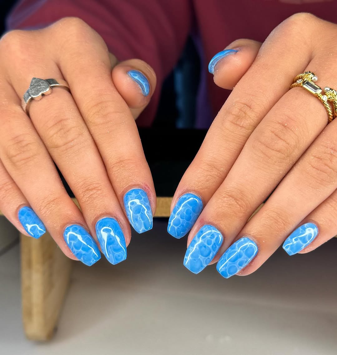 Vibrant Blue Bubble Effect Coffin Nails